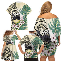 Endemic Tomtit New Zealand Family Matching Off Shoulder Short Dress and Hawaiian Shirt Miromiro Manuka Silver Fern Maori Pattern