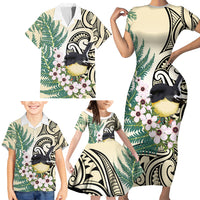 Endemic Tomtit New Zealand Family Matching Short Sleeve Bodycon Dress and Hawaiian Shirt Miromiro Manuka Silver Fern Maori Pattern