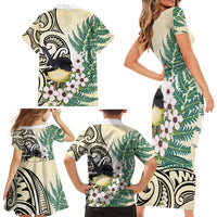 Endemic Tomtit New Zealand Family Matching Short Sleeve Bodycon Dress and Hawaiian Shirt Miromiro Manuka Silver Fern Maori Pattern