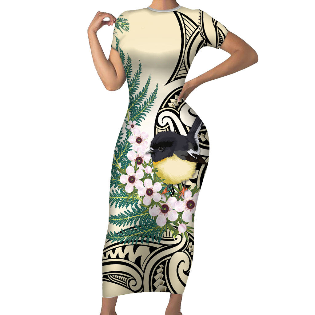 Endemic Tomtit New Zealand Family Matching Short Sleeve Bodycon Dress and Hawaiian Shirt Miromiro Manuka Silver Fern Maori Pattern