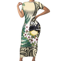 Endemic Tomtit New Zealand Family Matching Short Sleeve Bodycon Dress and Hawaiian Shirt Miromiro Manuka Silver Fern Maori Pattern