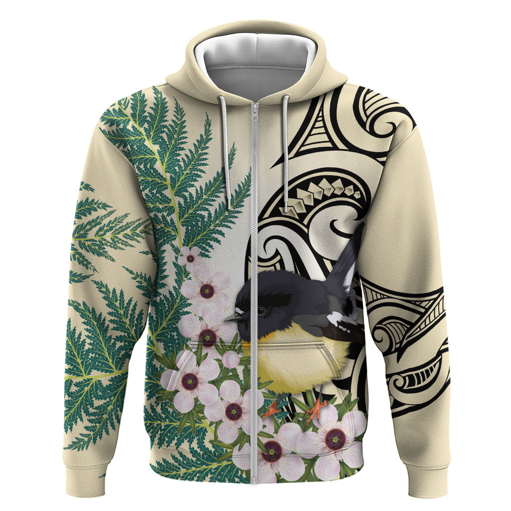 Endemic Tomtit New Zealand Hoodie Miromiro Manuka Silver Fern Maori Pattern LT14 Zip Hoodie Cream - Polynesian Pride