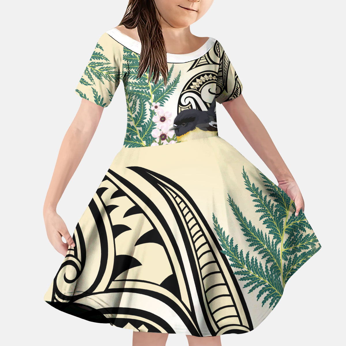 Endemic Tomtit New Zealand Kid Short Sleeve Dress Miromiro Manuka Silver Fern Maori Pattern
