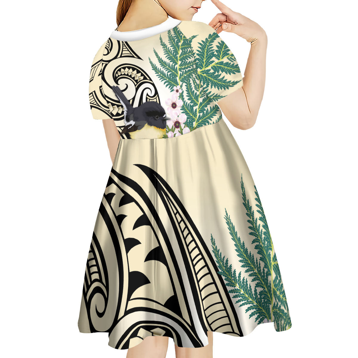 Endemic Tomtit New Zealand Kid Short Sleeve Dress Miromiro Manuka Silver Fern Maori Pattern