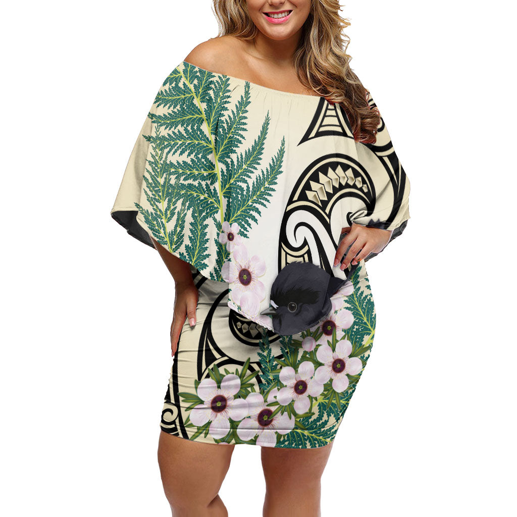 Endemic Tomtit New Zealand Off Shoulder Short Dress Miromiro Manuka Silver Fern Maori Pattern