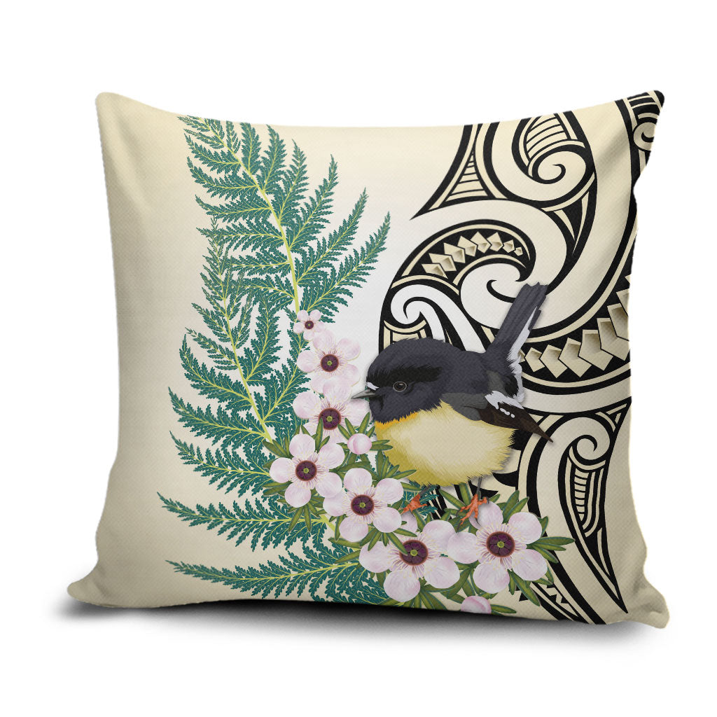 Endemic Tomtit New Zealand Pillow Cover Miromiro Manuka Silver Fern Maori Pattern LT14 Cream - Polynesian Pride
