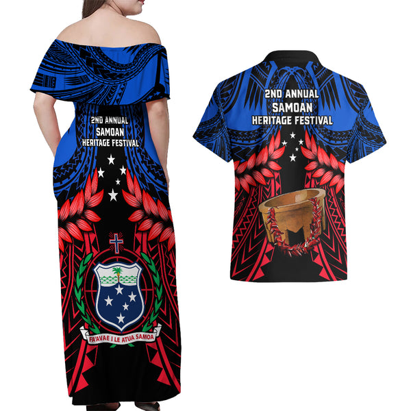 American Samoa Combo Off Shoulder Long Dress And Shirt Hibiscus With Polynesian Pattern Blue Version