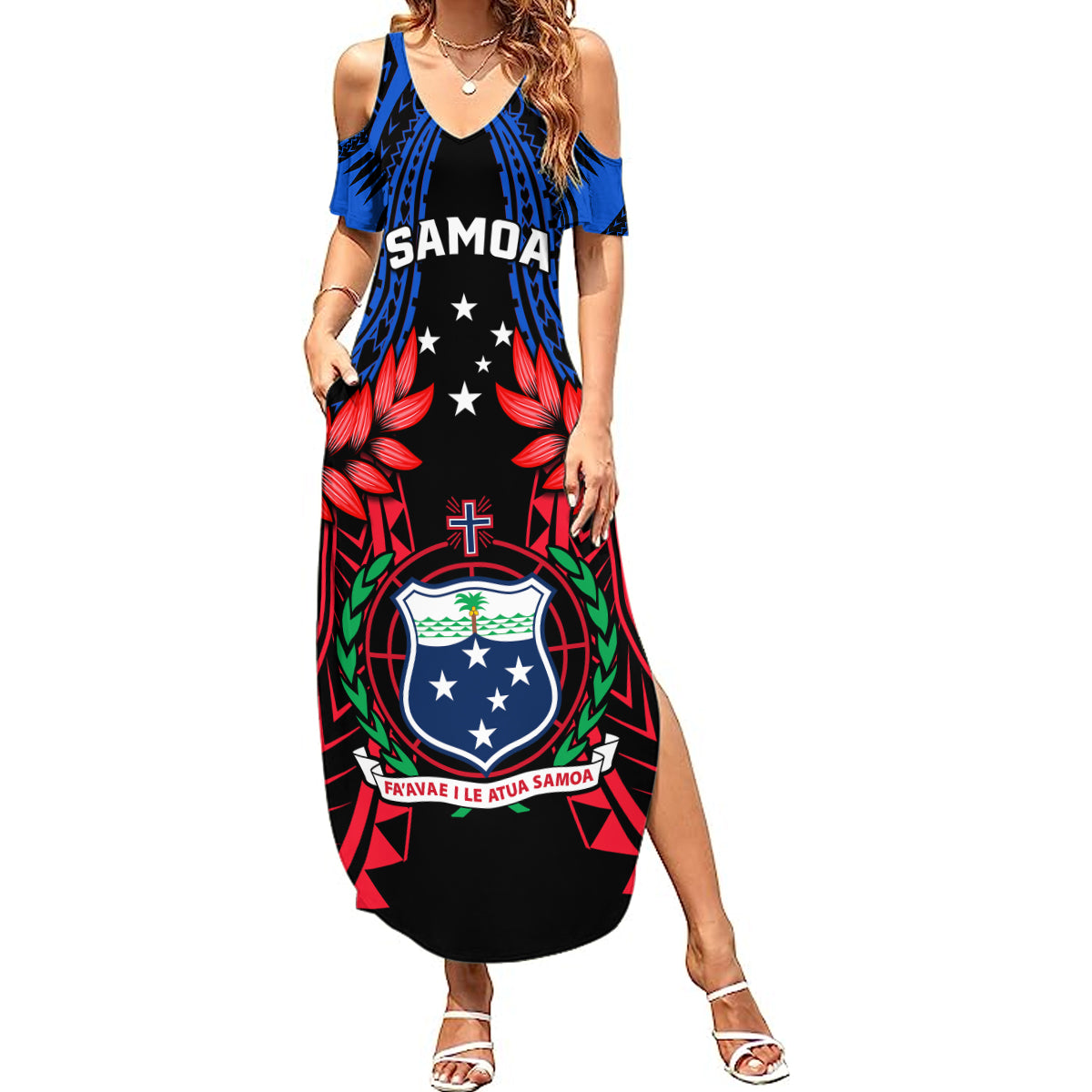Samoa Summer Maxi Dress Heritage Festival Samoan Tattoo With Ula Fala Kava Bowl LT14 Women Blue - Polynesian Pride
