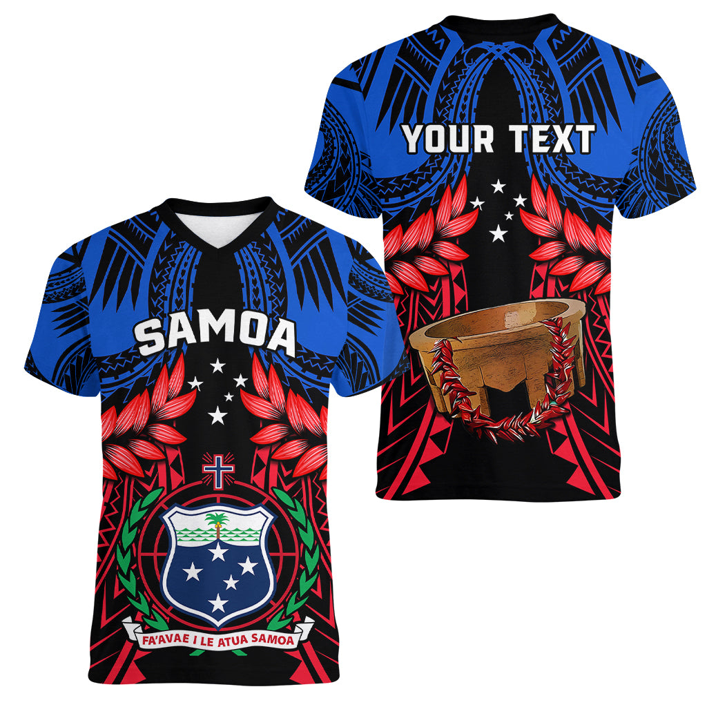 Personalised Samoa Women V Neck T Shirt Heritage Festival Samoan Tattoo With Ula Fala Kava Bowl LT14 - Polynesian Pride