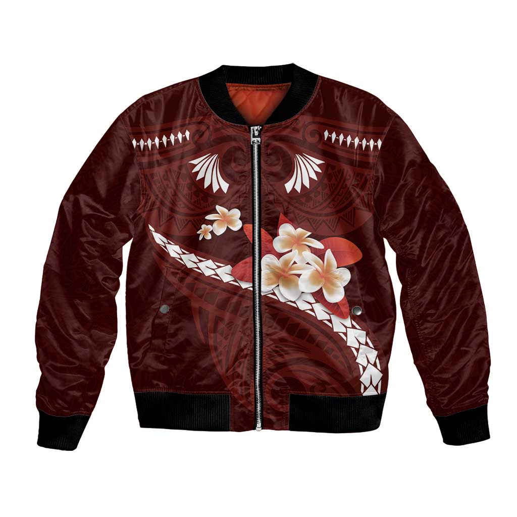 Oxblood Polynesia Bomber Jacket Tribal Pattern Tropical Frangipani