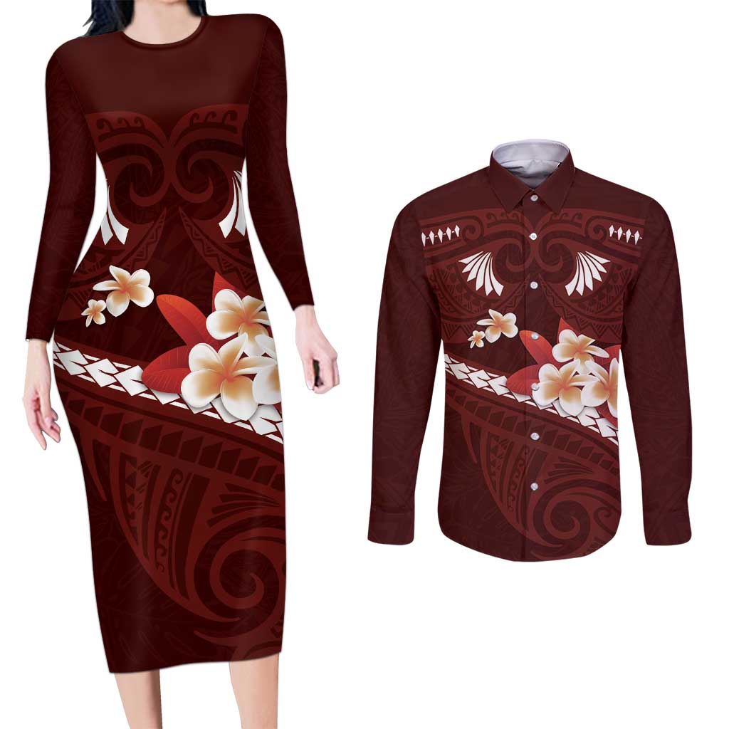 Oxblood Polynesia Couples Matching Long Sleeve Bodycon Dress and Long Sleeve Button Shirt Tribal Pattern Tropical Frangipani