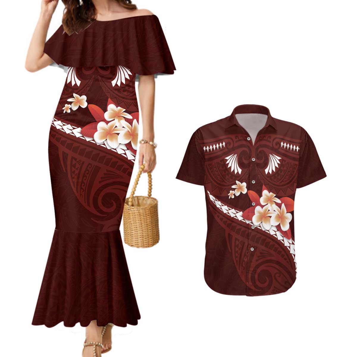 Oxblood Polynesia Couples Matching Mermaid Dress and Hawaiian Shirt Tribal Pattern Tropical Frangipani LT14 Oxblood - Polynesian Pride