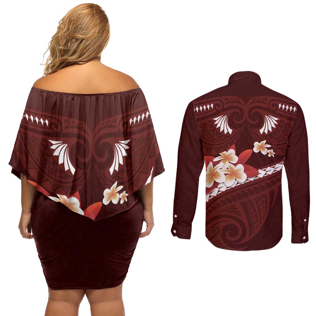 Oxblood Polynesia Couples Matching Off Shoulder Short Dress and Long Sleeve Button Shirt Tribal Pattern Tropical Frangipani