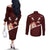 Oxblood Polynesia Couples Matching Off The Shoulder Long Sleeve Dress and Long Sleeve Button Shirt Tribal Pattern Tropical Frangipani