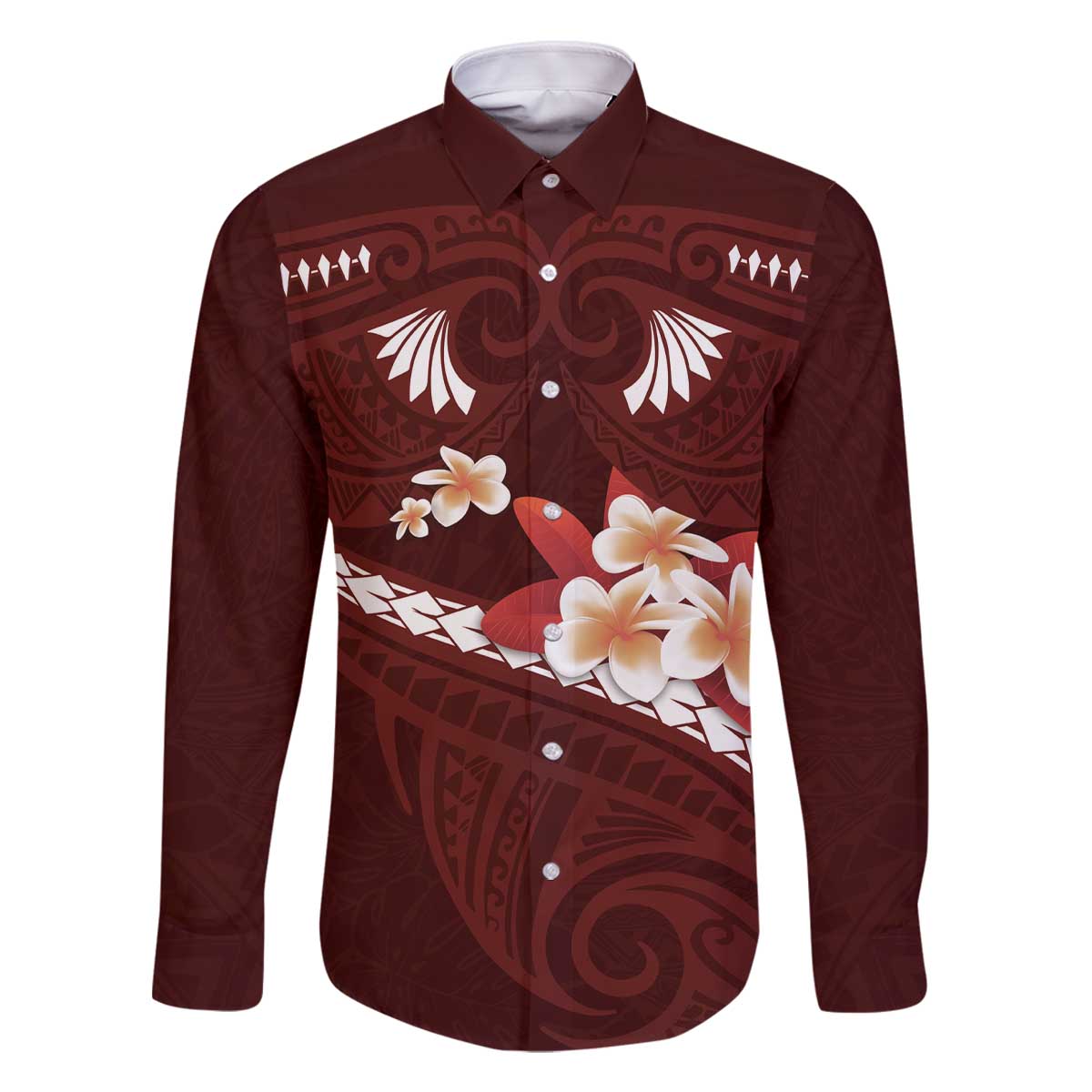 Oxblood Polynesia Family Matching Off The Shoulder Long Sleeve Dress and Hawaiian Shirt Tribal Pattern Tropical Frangipani LT14 Dad's Shirt - Long Sleeve Oxblood - Polynesian Pride