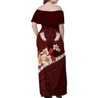 Oxblood Polynesia Family Matching Off Shoulder Maxi Dress and Hawaiian Shirt Tribal Pattern Tropical Frangipani