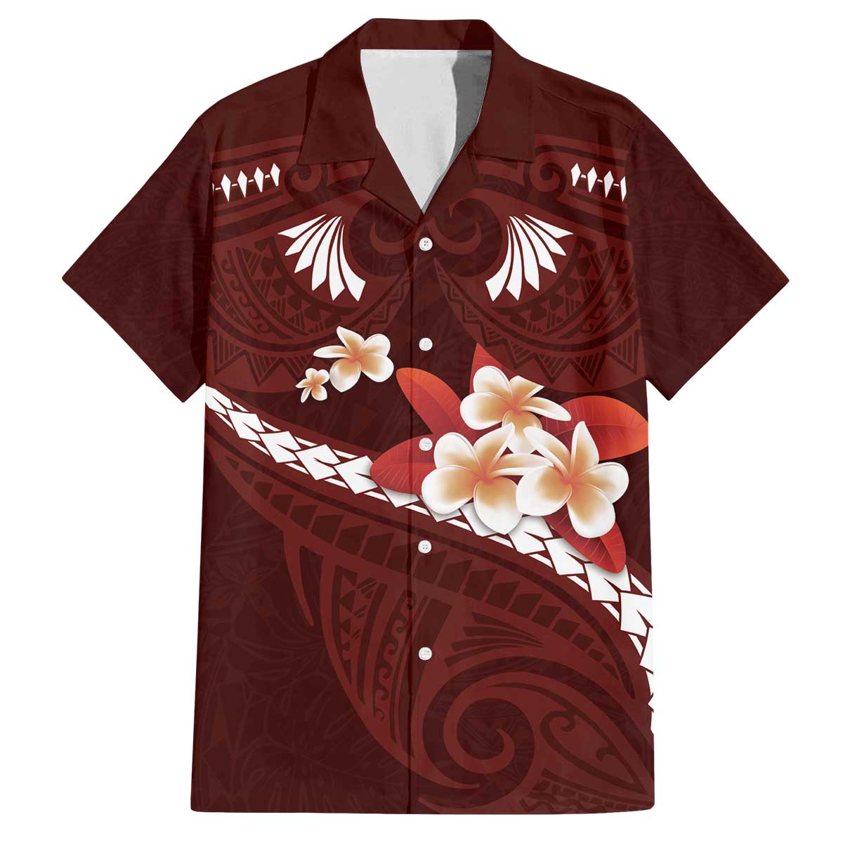 Oxblood Polynesia Family Matching Off Shoulder Short Dress and Hawaiian Shirt Tribal Pattern Tropical Frangipani LT14 Dad's Shirt - Short Sleeve Oxblood - Polynesian Pride
