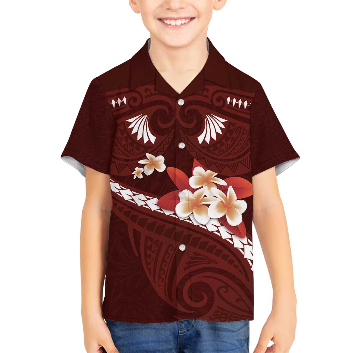 Oxblood Polynesia Family Matching Off Shoulder Short Dress and Hawaiian Shirt Tribal Pattern Tropical Frangipani LT14 Son's Shirt Oxblood - Polynesian Pride