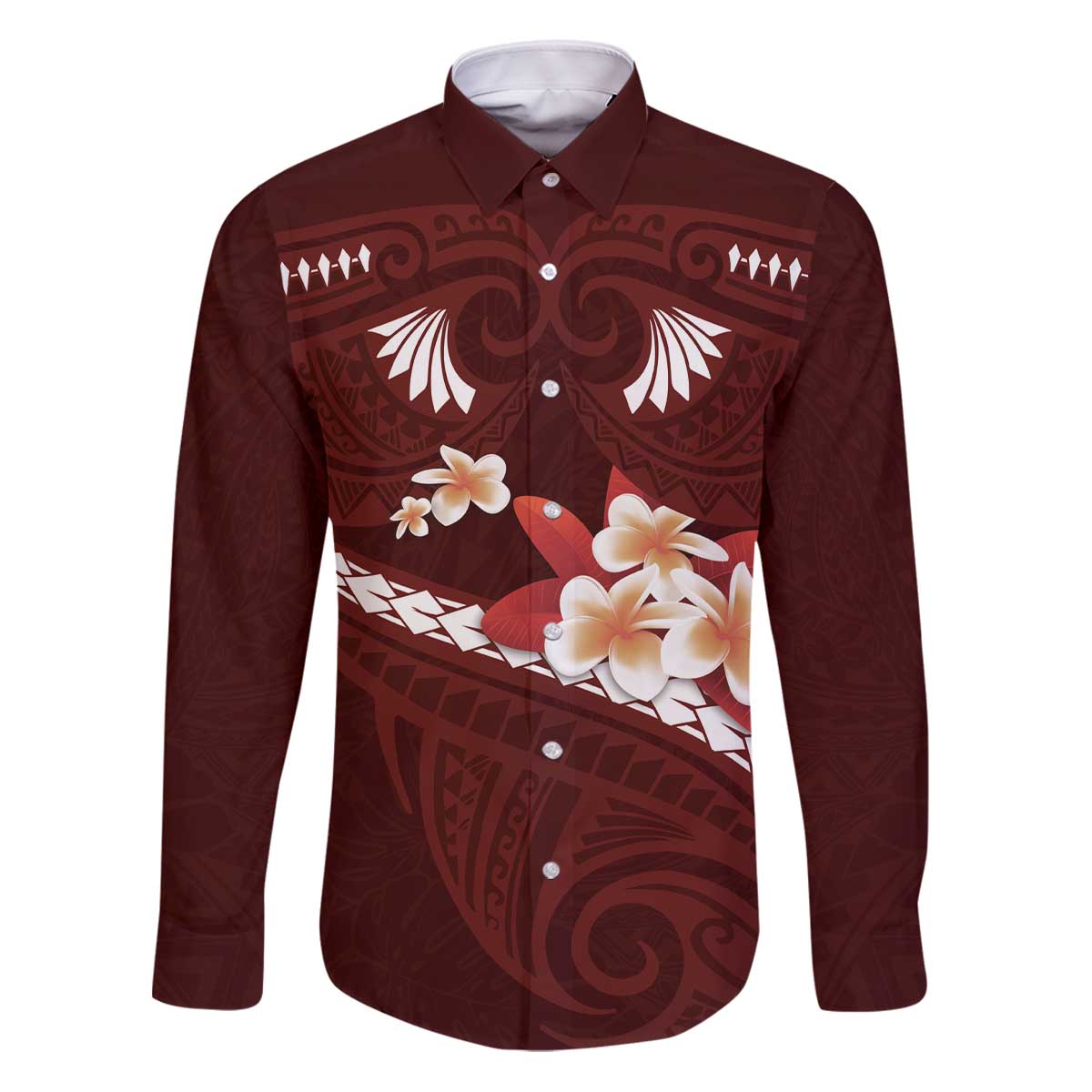 Oxblood Polynesia Family Matching Puletasi and Hawaiian Shirt Tribal Pattern Tropical Frangipani