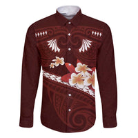 Oxblood Polynesia Family Matching Short Sleeve Bodycon Dress and Hawaiian Shirt Tribal Pattern Tropical Frangipani