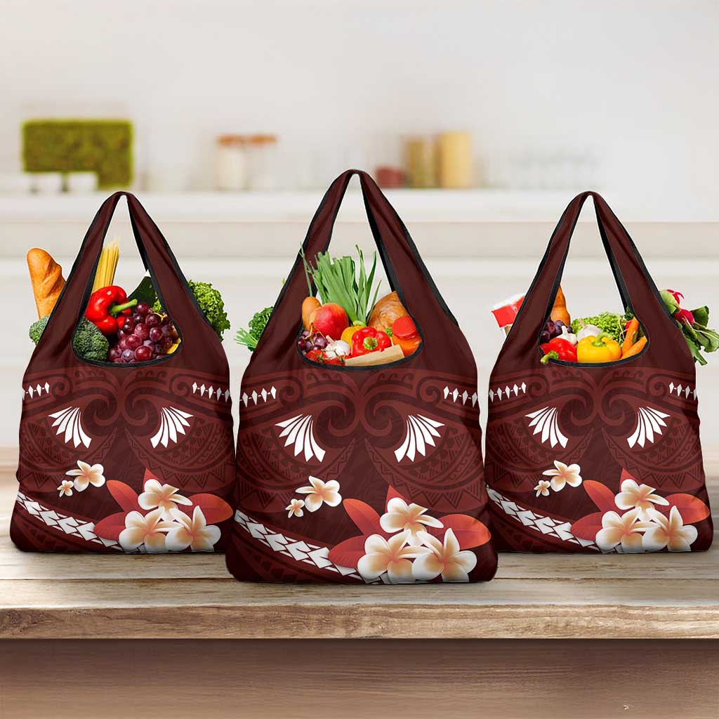 Oxblood Polynesia Grocery Bag Tribal Pattern Tropical Frangipani