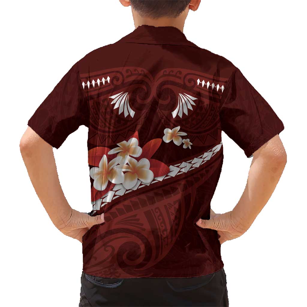 Oxblood Polynesia Kid Hawaiian Shirt Tribal Pattern Tropical Frangipani