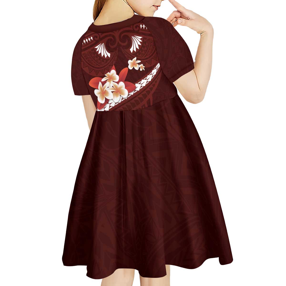 Oxblood Polynesia Kid Short Sleeve Dress Tribal Pattern Tropical Frangipani