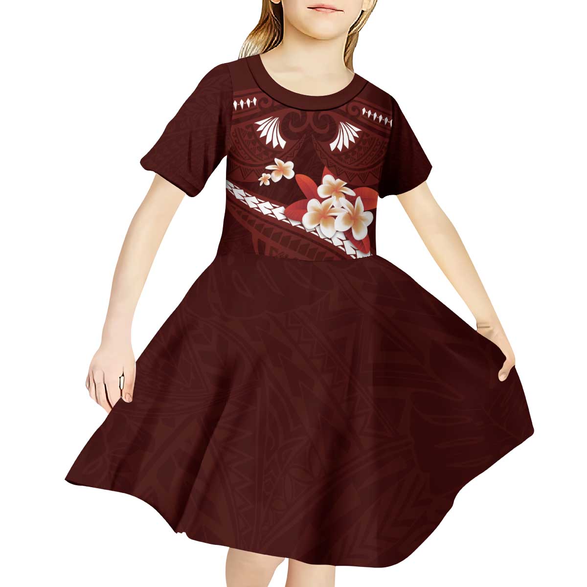 Oxblood Polynesia Kid Short Sleeve Dress Tribal Pattern Tropical Frangipani