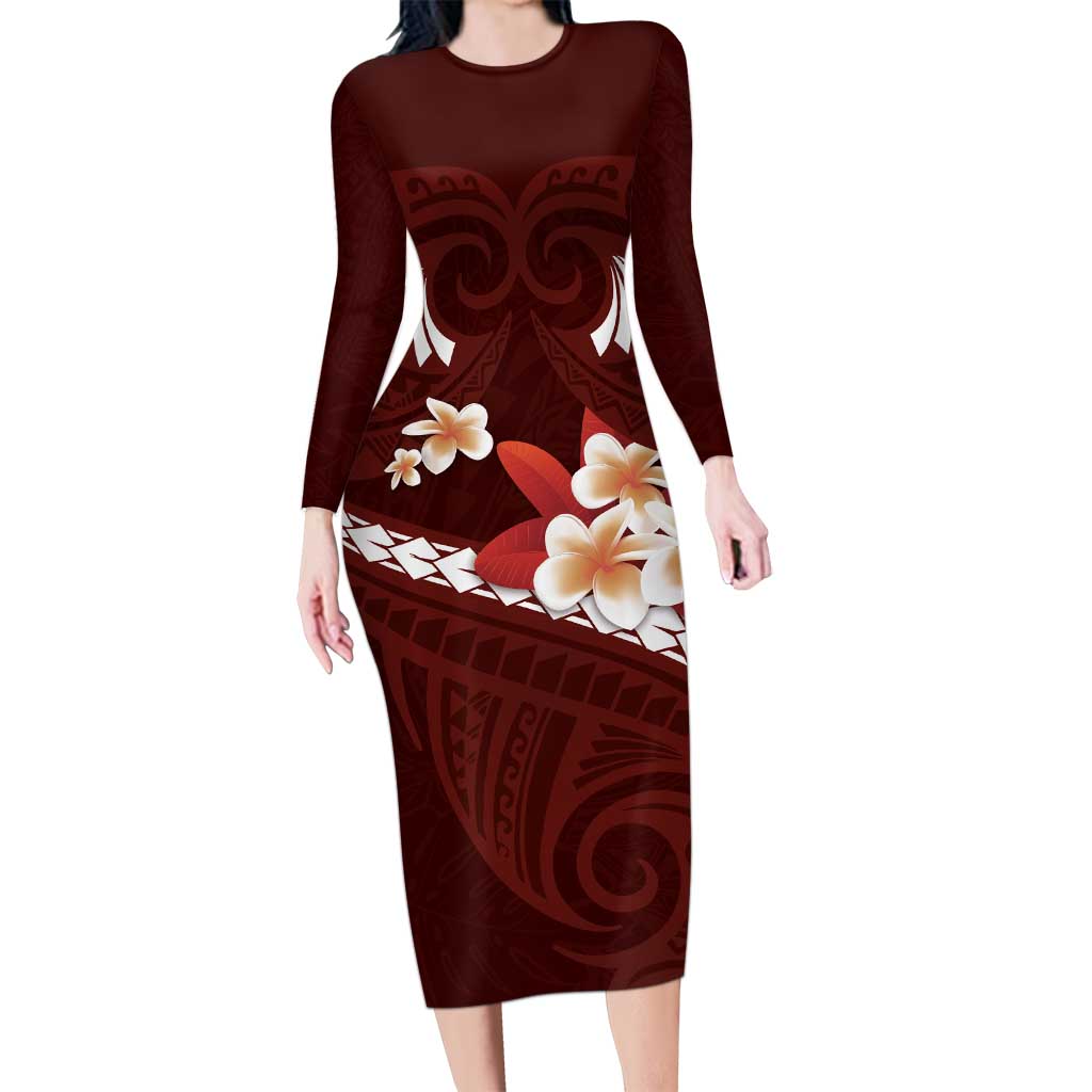 Oxblood Polynesia Long Sleeve Bodycon Dress Tribal Pattern Tropical Frangipani LT14 Long Dress Oxblood - Polynesian Pride