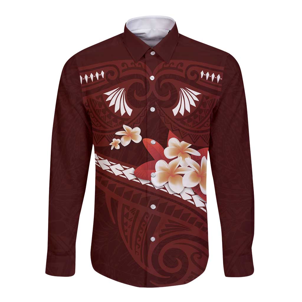 Oxblood Polynesia Long Sleeve Button Shirt Tribal Pattern Tropical Frangipani LT14 Unisex Oxblood - Polynesian Pride
