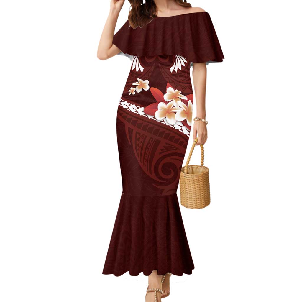 Oxblood Polynesia Mermaid Dress Tribal Pattern Tropical Frangipani LT14 Women Oxblood - Polynesian Pride