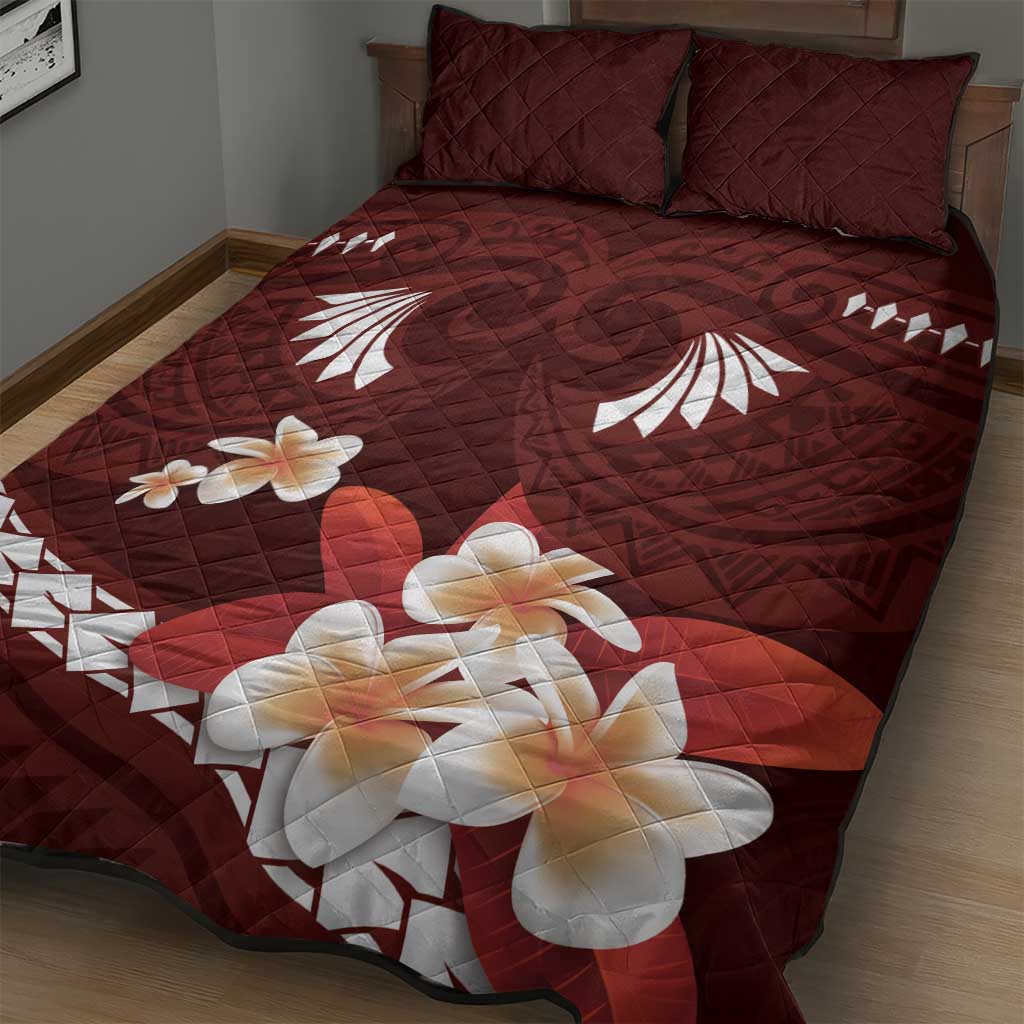 Oxblood Polynesia Quilt Bed Set Tribal Pattern Tropical Frangipani