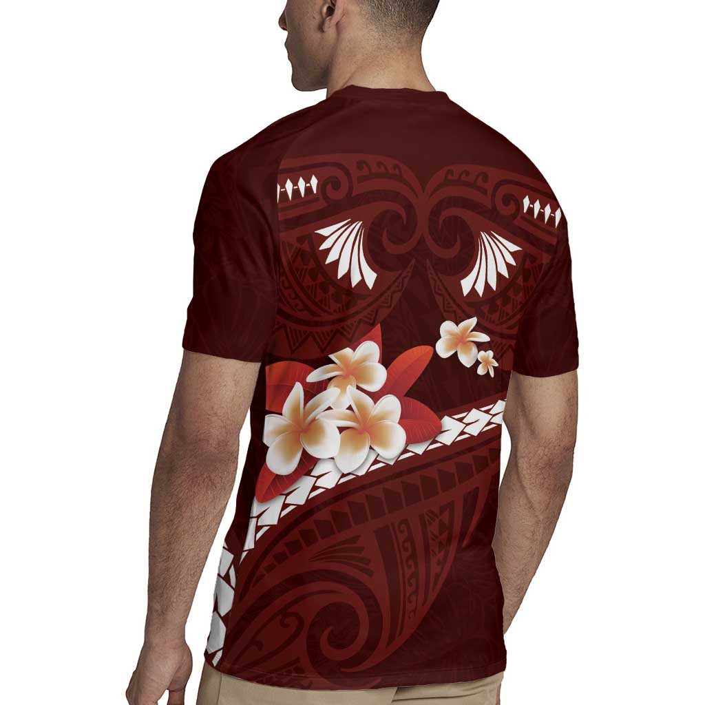 Oxblood Polynesia Rugby Jersey Tribal Pattern Tropical Frangipani