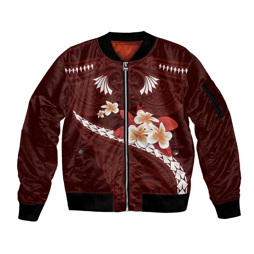Oxblood Polynesia Sleeve Zip Bomber Jacket Tribal Pattern Tropical Frangipani LT14 Unisex Oxblood - Polynesian Pride