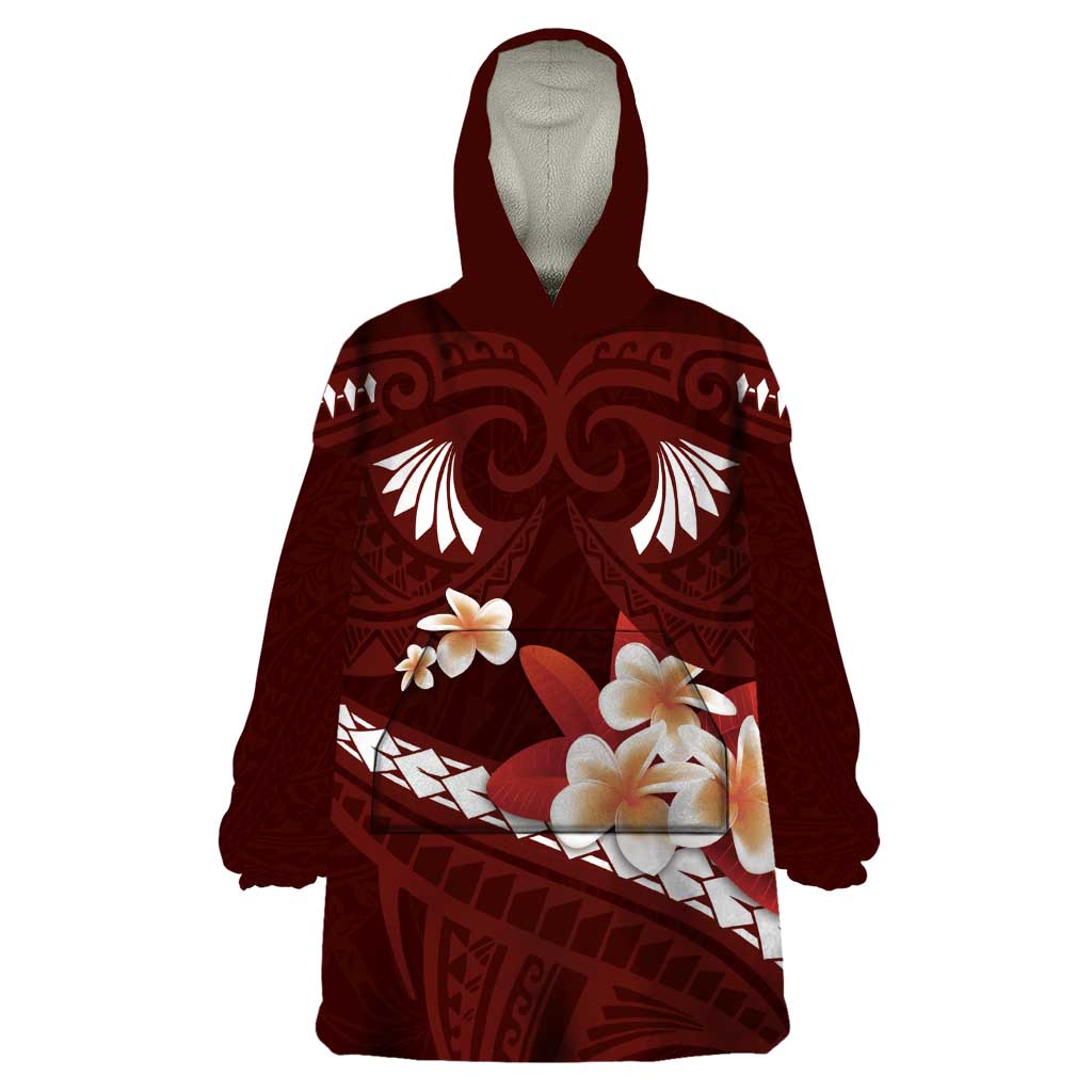 Oxblood Polynesia Wearable Blanket Hoodie Tribal Pattern Tropical Frangipani LT14 One Size Oxblood - Polynesian Pride