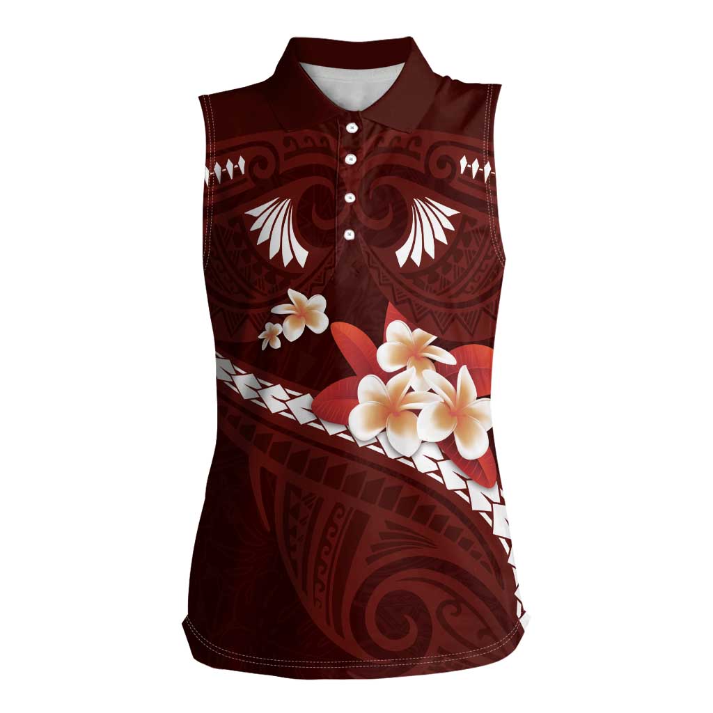 Oxblood Polynesia Women Sleeveless Polo Shirt Tribal Pattern Tropical Frangipani LT14 Female Oxblood - Polynesian Pride