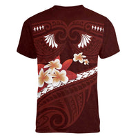 Oxblood Polynesia Women V-Neck T-Shirt Tribal Pattern Tropical Frangipani