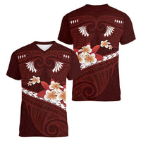 Oxblood Polynesia Women V-Neck T-Shirt Tribal Pattern Tropical Frangipani