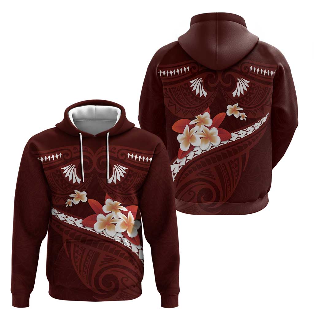 Oxblood Polynesia Zip Hoodie Tribal Pattern Tropical Frangipani LT14 - Polynesian Pride