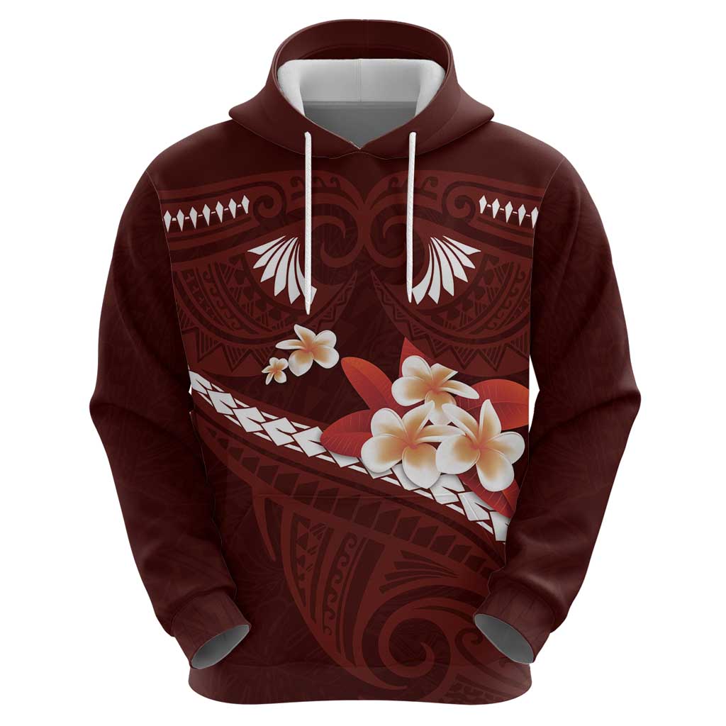 Oxblood Polynesia Zip Hoodie Tribal Pattern Tropical Frangipani LT14 - Polynesian Pride