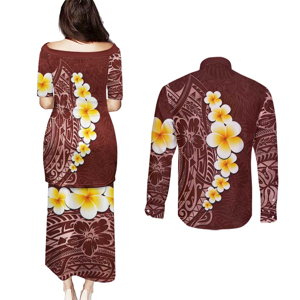 Oxblood Tropical Plumeria With Galaxy Polynesian Art Couples Matching Puletasi and Long Sleeve Button Shirt LT14 - Polynesian Pride