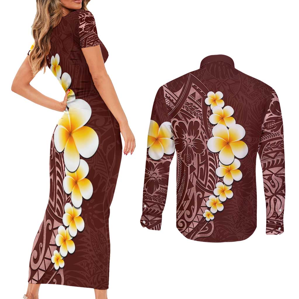 Oxblood Tropical Plumeria With Galaxy Polynesian Art Couples Matching Short Sleeve Bodycon Dress and Long Sleeve Button Shirt