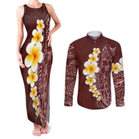 Oxblood Tropical Plumeria With Galaxy Polynesian Art Couples Matching Tank Maxi Dress and Long Sleeve Button Shirt
