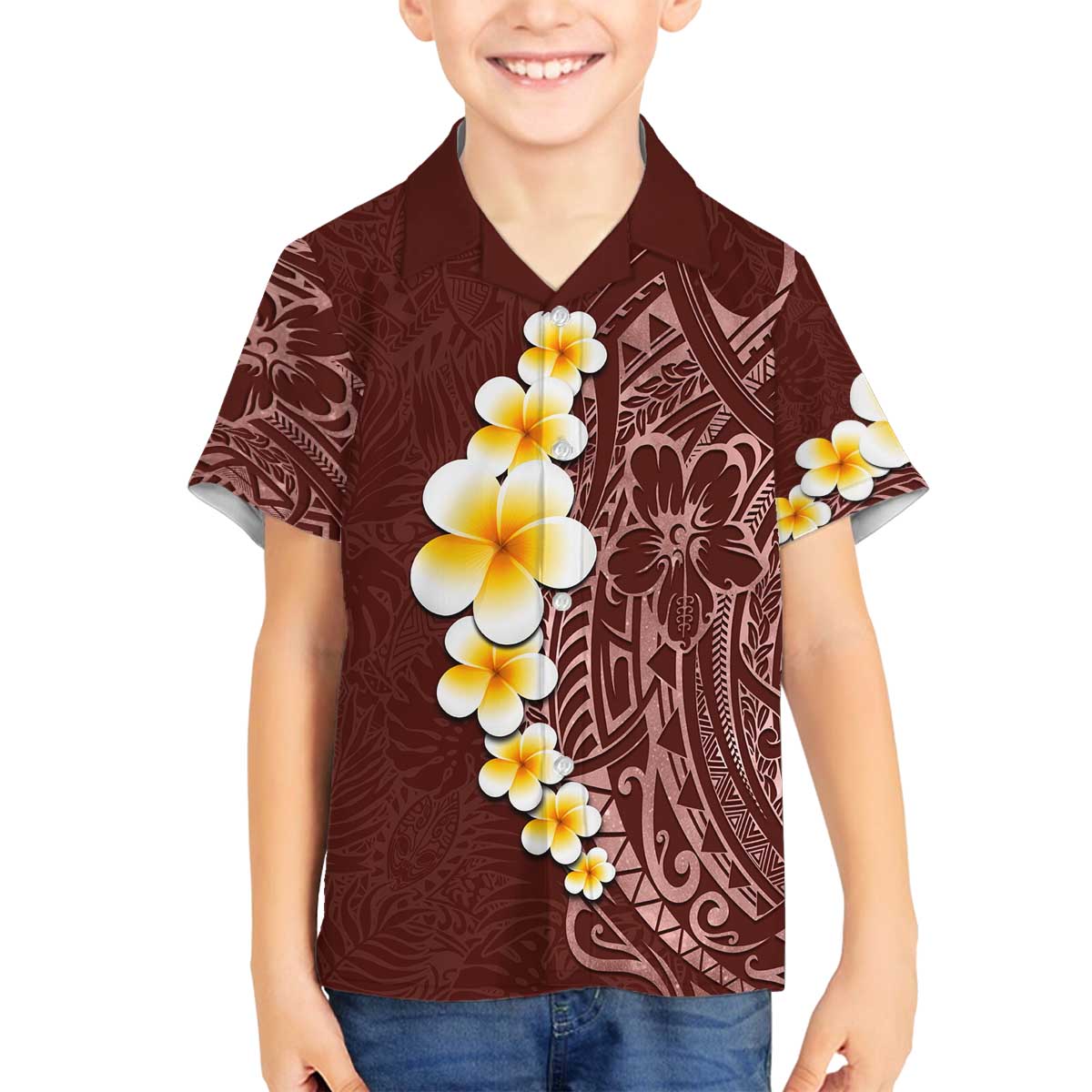 Oxblood Tropical Plumeria With Galaxy Polynesian Art Family Matching Off The Shoulder Long Sleeve Dress and Hawaiian Shirt LT14 Son's Shirt Oxblood - Polynesian Pride