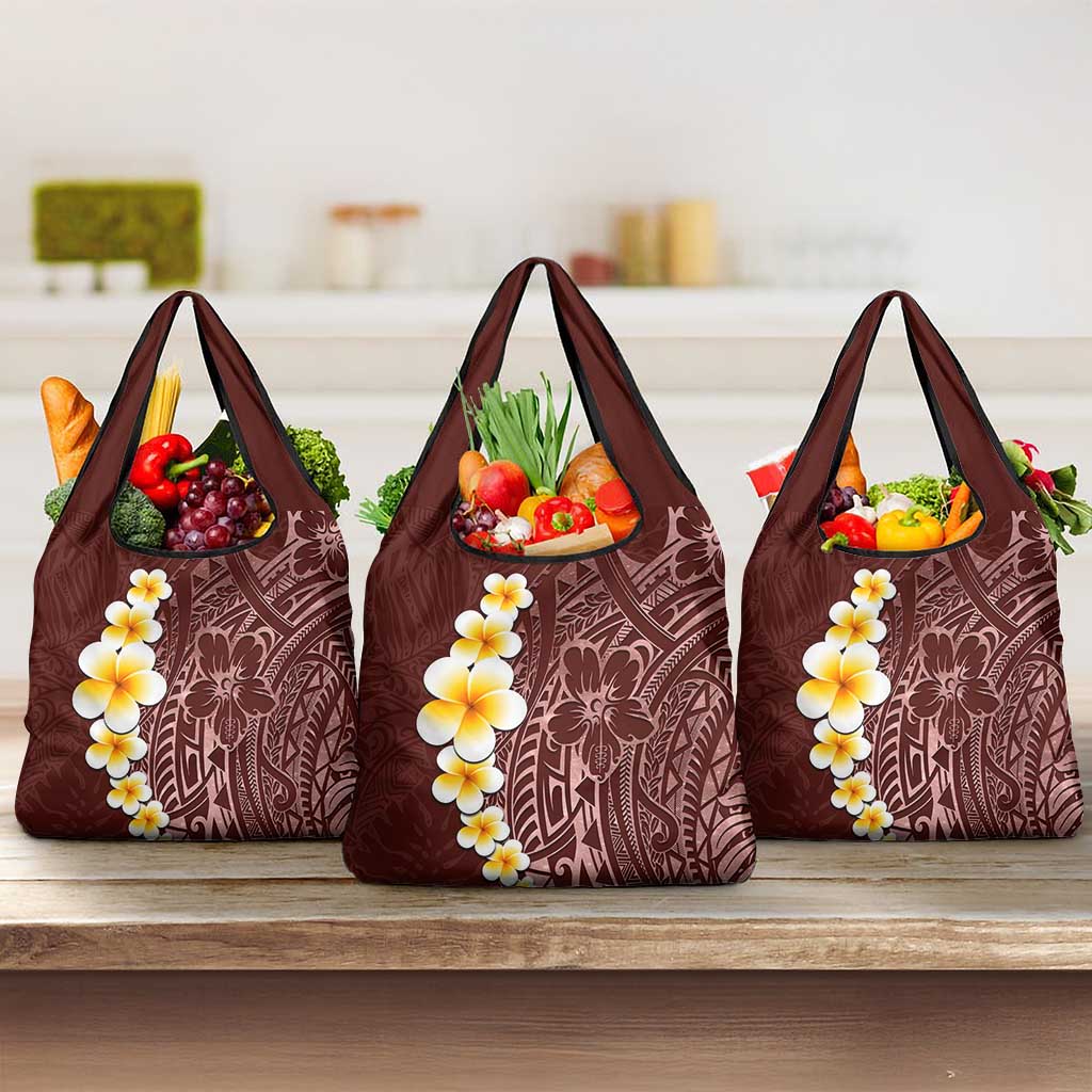 Oxblood Tropical Plumeria With Galaxy Polynesian Art Grocery Bag