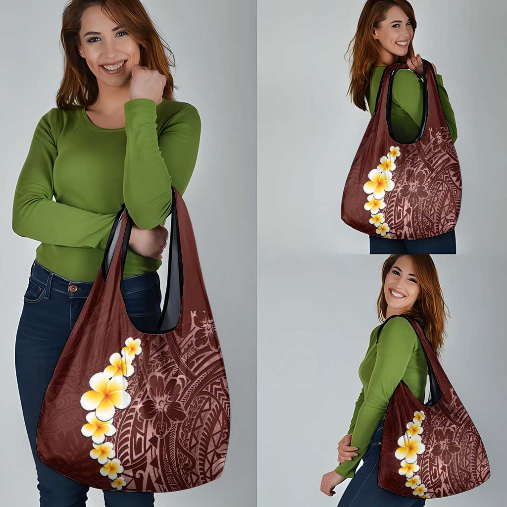 Oxblood Tropical Plumeria With Galaxy Polynesian Art Grocery Bag