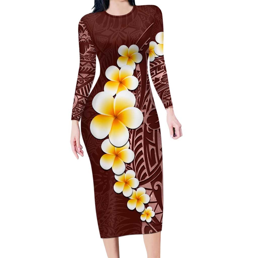 Oxblood Tropical Plumeria With Galaxy Polynesian Art Long Sleeve Bodycon Dress LT14 Long Dress Oxblood - Polynesian Pride