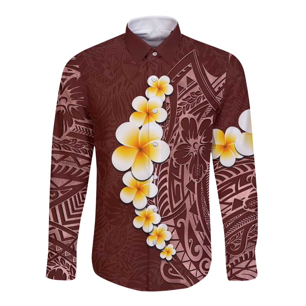Oxblood Tropical Plumeria With Galaxy Polynesian Art Long Sleeve Button Shirt LT14 Unisex Oxblood - Polynesian Pride