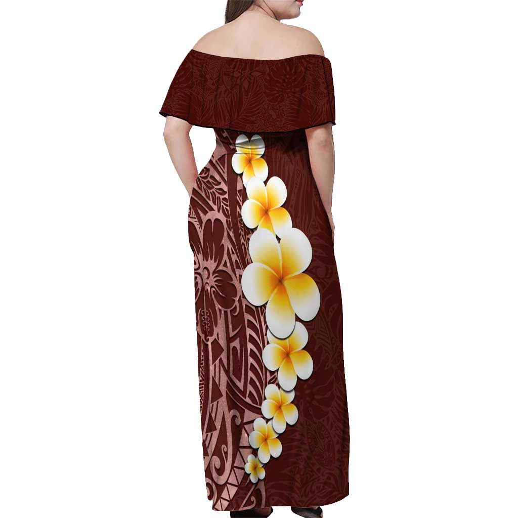 Oxblood Tropical Plumeria With Galaxy Polynesian Art Off Shoulder Maxi Dress LT14 - Polynesian Pride
