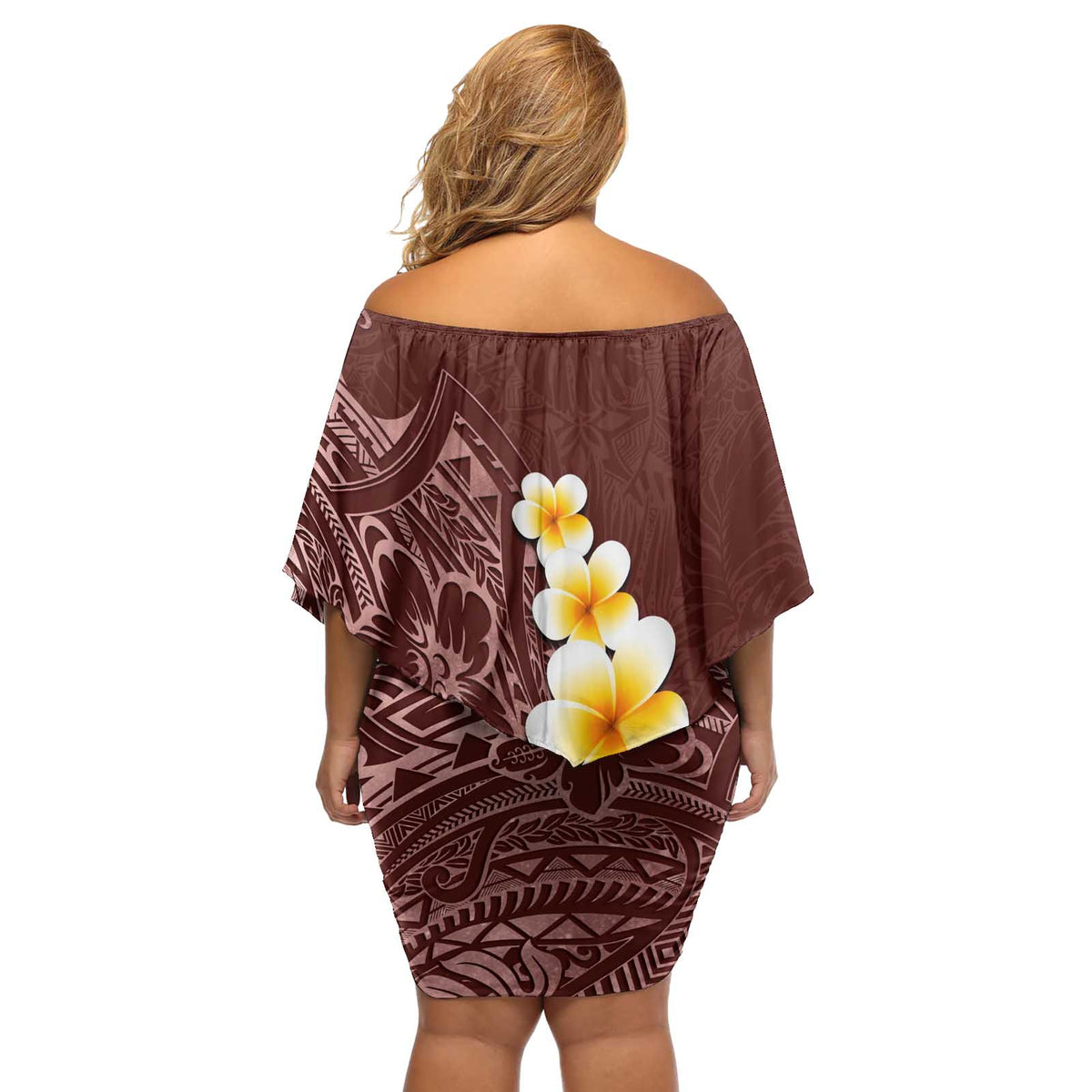 Oxblood Tropical Plumeria With Galaxy Polynesian Art Off Shoulder Short Dress